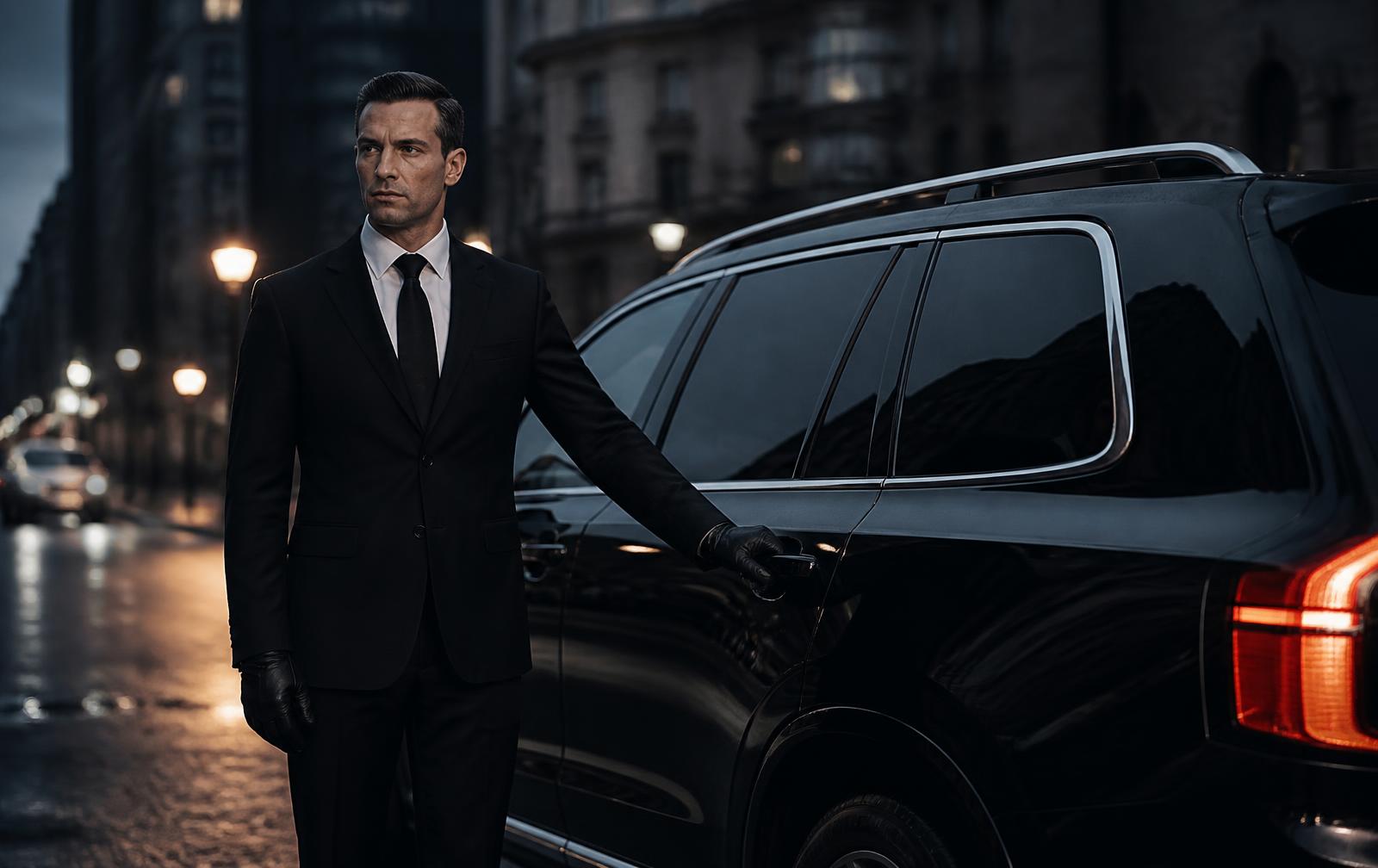 Professional chauffeur waiting beside a black sedan at an airport terminal
