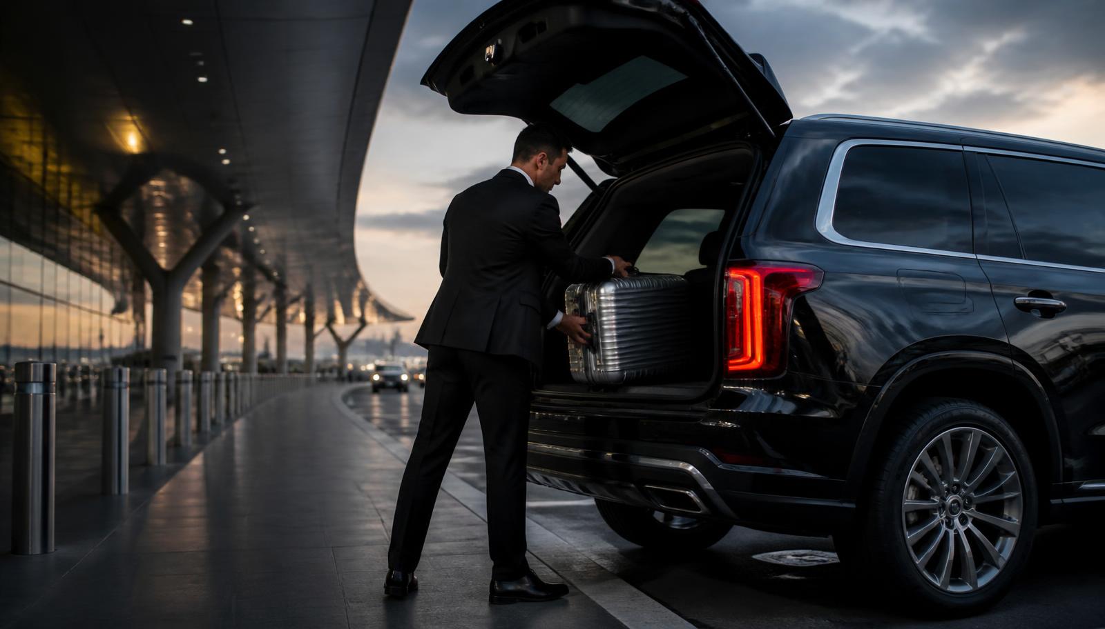 Chauffeur loading luggage into a black executive SUV at an airport terminal