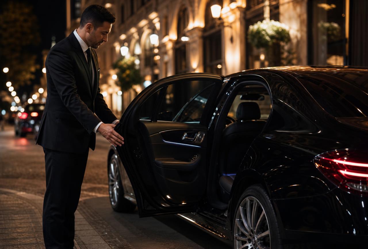Professional chauffeur holding open the rear door of a black sedan at night
