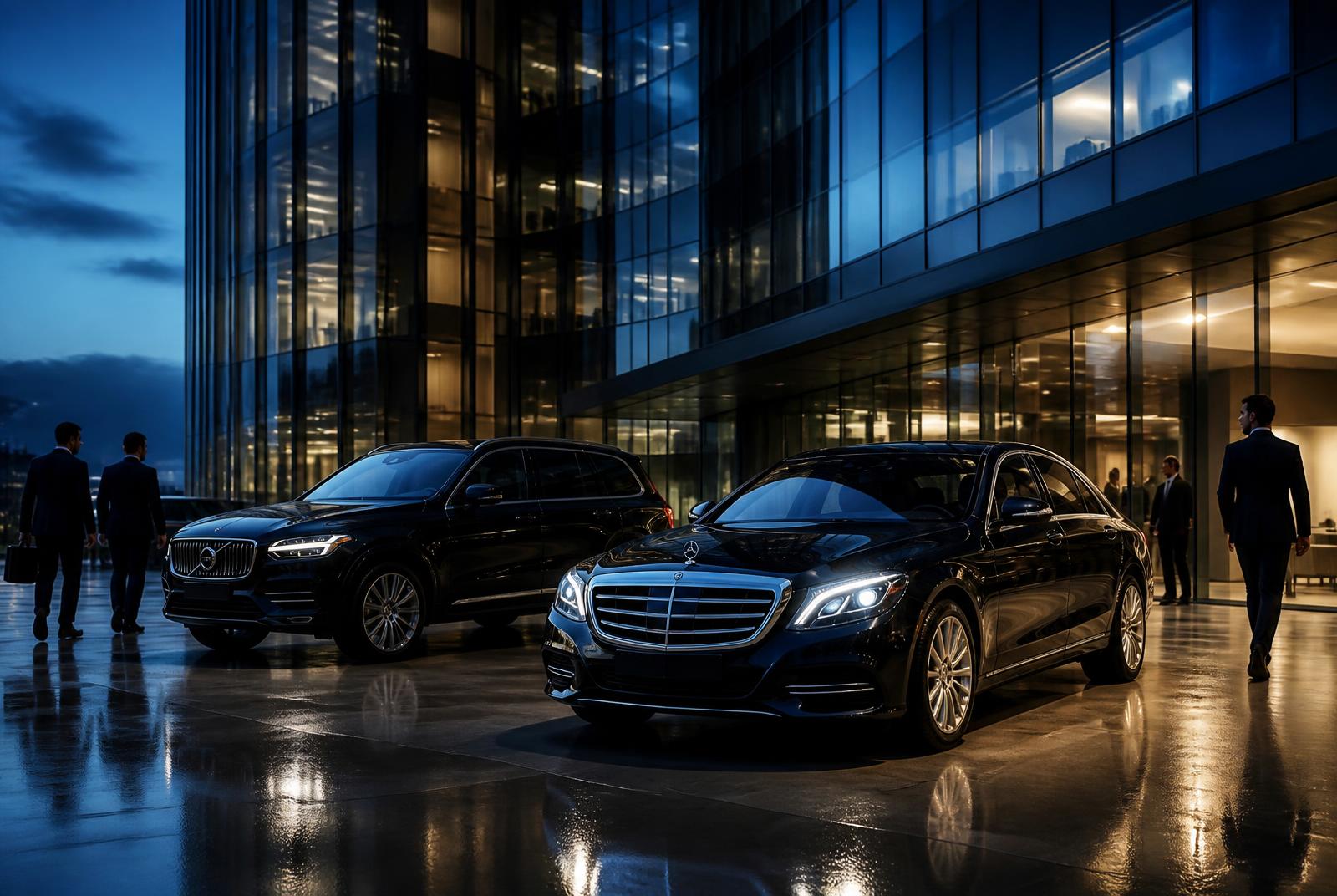 Two black executive vehicles outside a glass corporate office tower