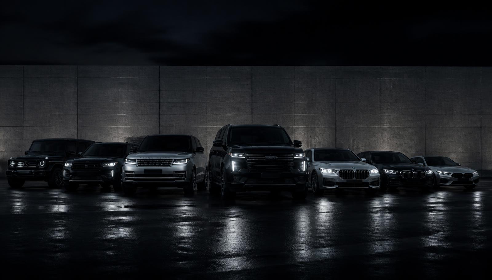 Executive Services fleet of black and silver vehicles lined up at night