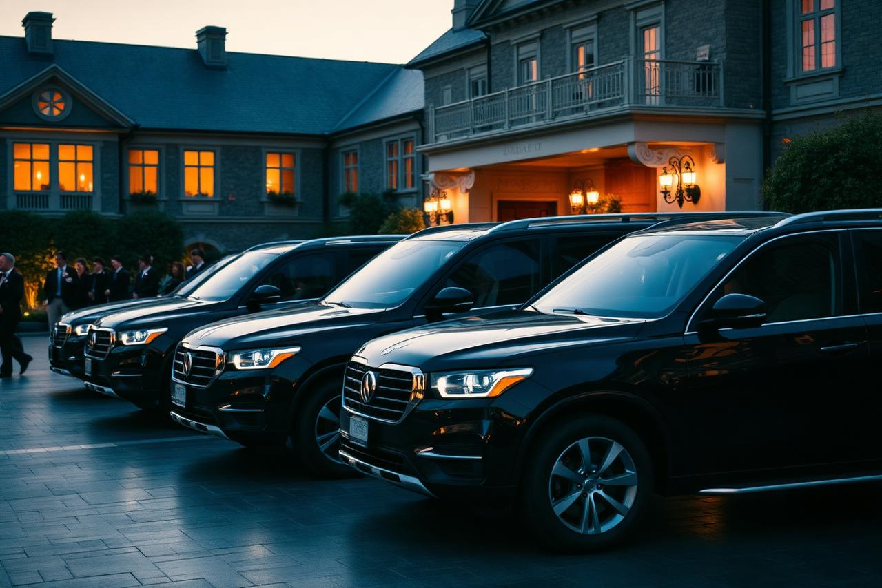 Lineup of black SUVs outside an elegant event venue at dusk