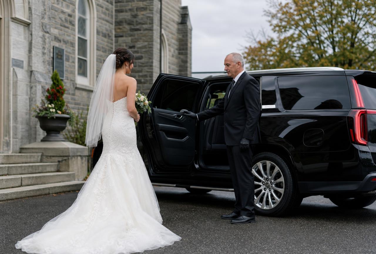 Chauffeur in a dark suit holding open the rear door of a black luxury SUV for a bride outside a stone church in Newfoundland